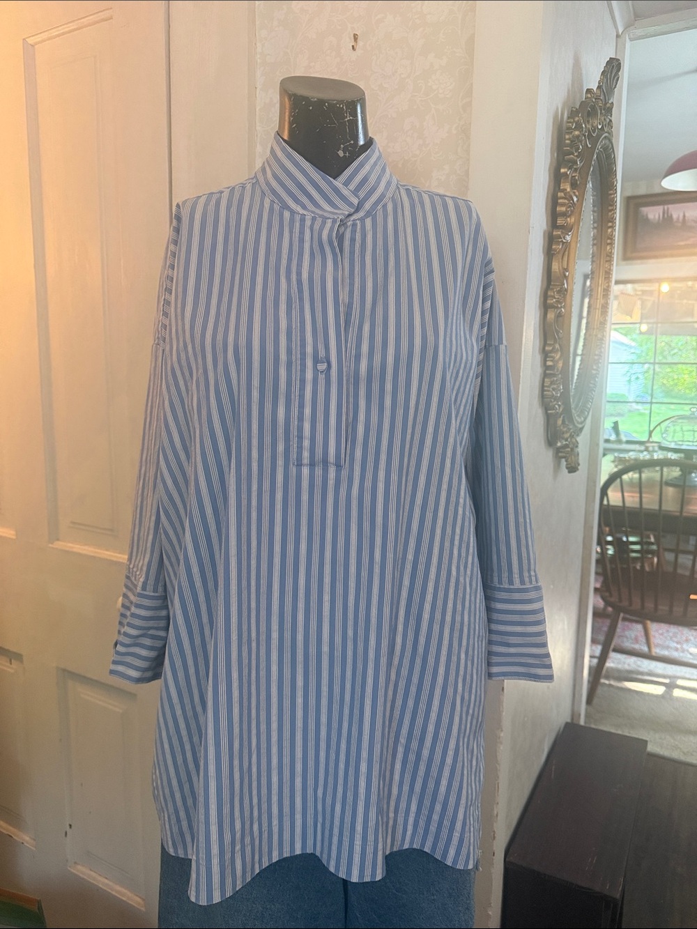 J.Jill Women’s Blue & White Striped Popover Tunic Shirt Blouse Size Large